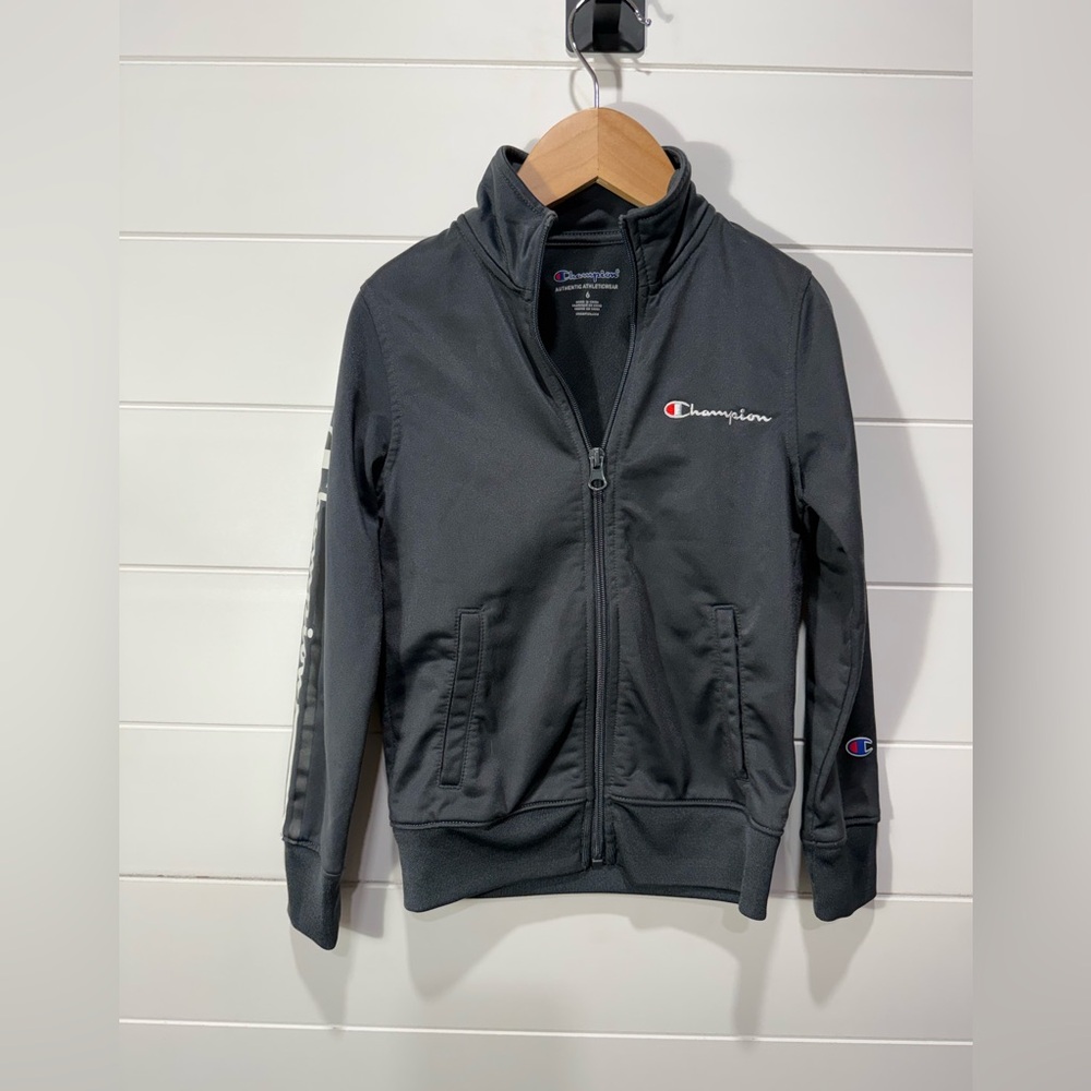 Champion Dark Gray Full-Zip Track Jacket with Embroidered Logo